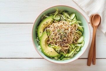 Cold ramen salad bowl with cucumbers, lettuce, avocado slices, and sesame dressing in pastel bowl
