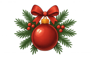 Christmas bauble decorated with a red bow, green fir branches, and red berries, creating a festive holiday ornament