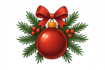 Christmas bauble decorated with a red bow, green fir branches, and red berries, creating a festive holiday ornament