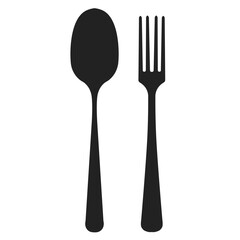 Black Silhouette Spoon and Fork Dining Utensils Isolated on White.