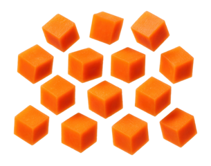 Diced carrots neatly arranged.