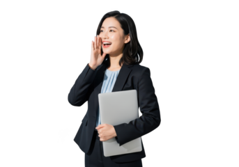 Young asian businesswoman in a suit holding a laptop and speaking isolated on transparent background