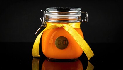 Orange scented candle in a glass jar with a yellow ribbon.