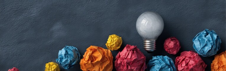 Crumpled paper balls and lightbulb on dark background