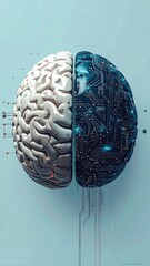 Human Brain Divided into Two Hemispheres with Technological Elements.