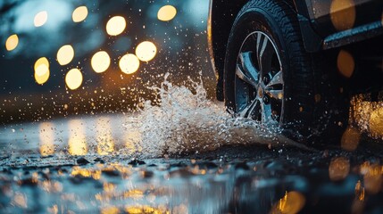 Vehicle tire splashing water on road
