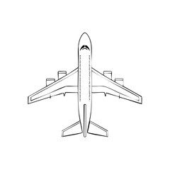 Graphic outline drawing of a large commercial passenger airplane seen from above for global travel and transport