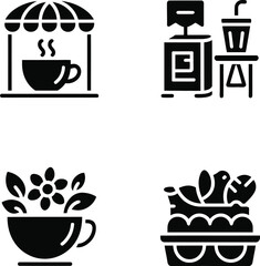 Lifestyle Zone Icon Set – Black & White Vectors of Coffee Corner, Book Nook, Floral Finds & Tasty Treats Basket
