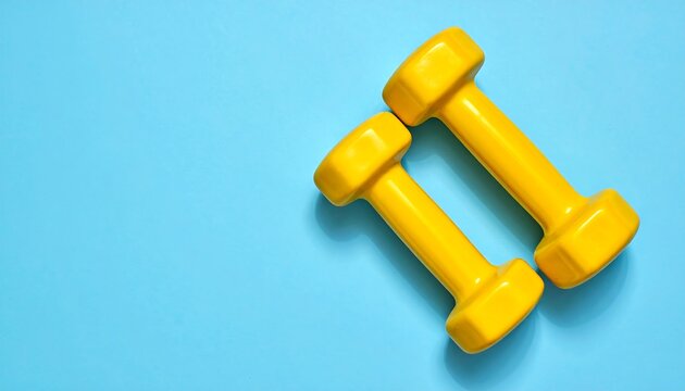 Two bright yellow dumbbells on a light blue background