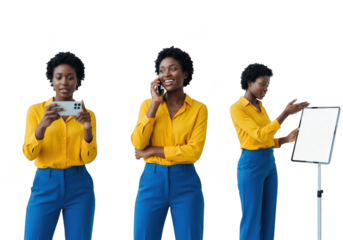 Young black woman in yellow shirt and blue pants in three poses isolated on transparent background