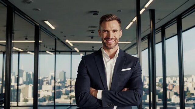 Confident professional stands in modern office with city skyline view during daytime