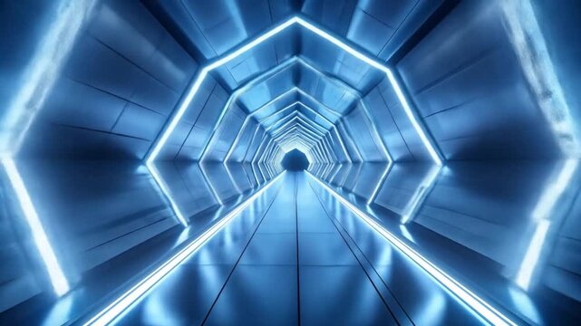 Futuristic Blue Neon Hexagonal Tunnel Corridor