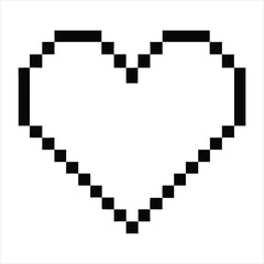 Retro 8-bit pixel art black heart outline icon vector—minimalist digital love symbol for retro games, Valentine’s Day graphics, apps, stickers, and modern UI design