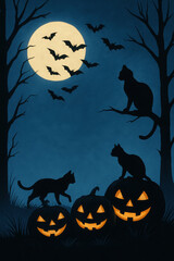 Halloween Night Scene With Silhouetted Cats Pumpkins And Bats Under Full Moon image photo