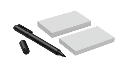Sleek black marker pen and five pristine blank white business cards on transparent background, ultra-sharp macro shot, concept of professional organization and ideation