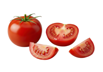 A pristine still life of a whole, bisected, and wedge crimson red tomato with sea salt and vibrant green stem on a seamless transparent shadowless background, high-angle. Concept of food advertisement
