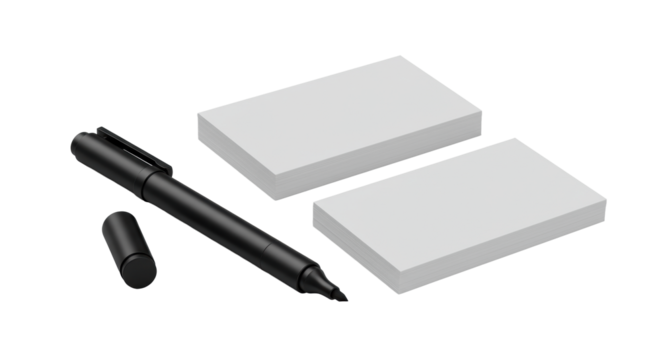 Sleek black marker pen and five pristine blank white business cards on transparent background, ultra-sharp macro shot, concept of professional organization and ideation