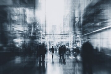 Naklejka premium Visualizing a modern cityscape with people moving dynamically inside a contemporary building, this abstract motion blur emphasizes the vibrancy, energy, and fast-paced nature of urban environments