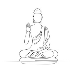 Line art illustration of a seated Buddha in meditation, raising hand