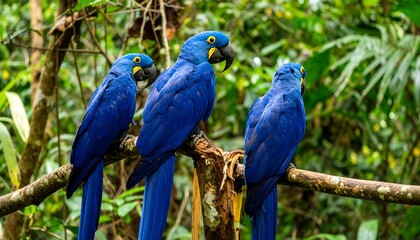 Obraz premium Blue parrots on branch in lush jungle