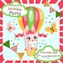 Kids birthday party invitation template with cute bunny on a hot air balloon vector image
