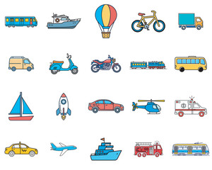 Lineal Color Transport Icon Set with 20 Vehicle Designs Including Car Bus Train Airplane and More for Modern Vector Illustration