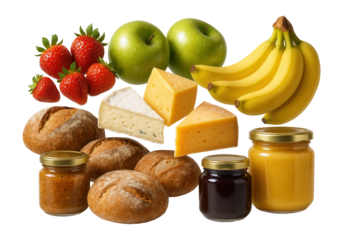 Collage of various food products arranged in a balanced composition.