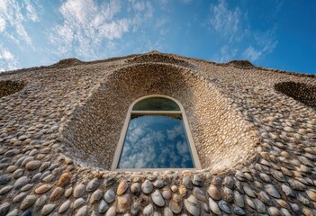 Architectural detail of a shell-covered building facade with a window