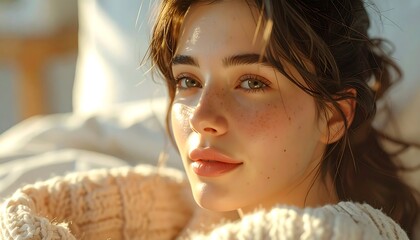 Close-up of a woman with freckles in sunlight