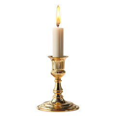 Lit golden candlestick isolated on transparent background