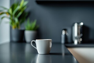 Serene Kitchen Still Life: White Mug, Lush Green Plants, and Minimalist Modern Design