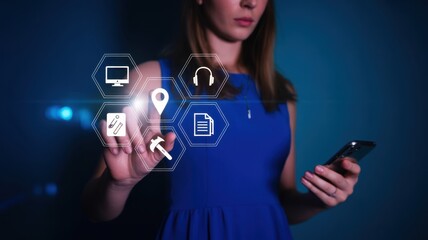 Modern Interface Interaction: A woman engages with a futuristic interface, interacting with digital icons representing modern technology and communication tools.