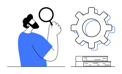 Man holding magnifying glass, large gear, stack of books. Ideal for research, analysis, learning, education, problem-solving innovation knowledge. Clean simple flat metaphor