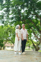 Happy Asian Senior Couple Relaxing Together in Park with Wheelchair