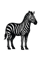 Vintage black and white engraving style illustration of a standing zebra on a white background