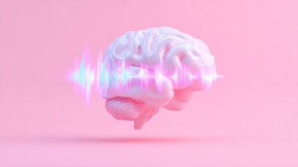 Human brain with pink and blue sound wave. Sense of hearing concept. Healthy brain function. Medical, science, neurology.