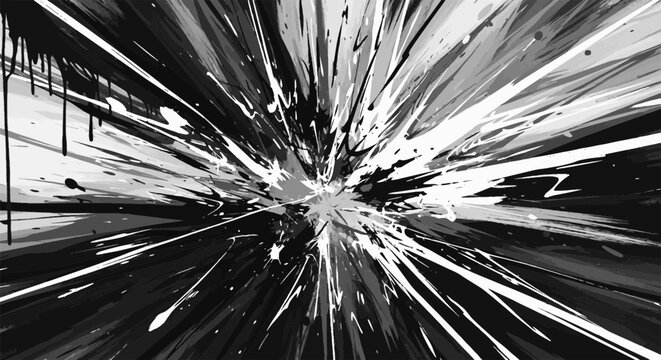 Dynamic Monochrome Abstract Paint Splash Explosion with Radiating Lines. Energetic Black and White Ink Splatter Burst Background.