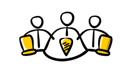 Cartoon illustration of three figures connected in a huddle, symbolizing teamwork and collaboration