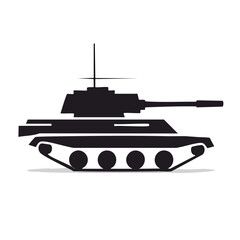 Fototapeta premium Black silhouette of a military tank with cannon, antenna and tracks