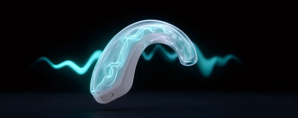 Modern digital hearing aid device with glowing sound wave. Innovative medical technology for audiologist, ear specialist help. Deafness treatment concept.