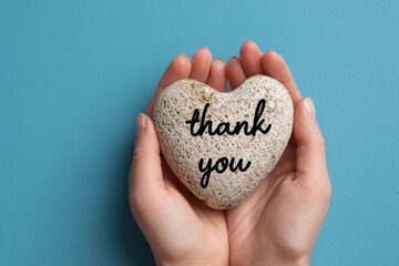 Hands holding a heart-shaped stone with "Thank You" written on it