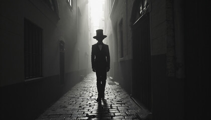 Man in Top Hat in Misty Cobblestone Alley
