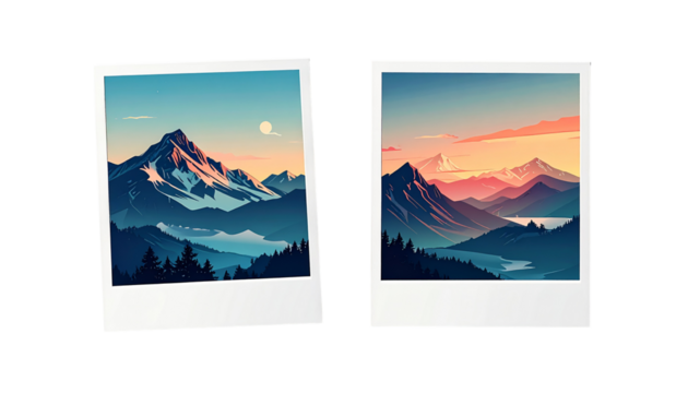 Two instant photo prints of mountain landscapes, one sunrise, one sunset.  Muted color palettes