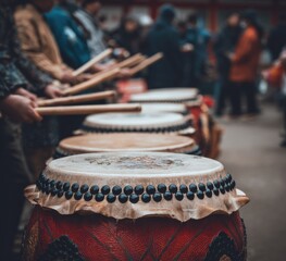 A group of people playing large drums outdoors