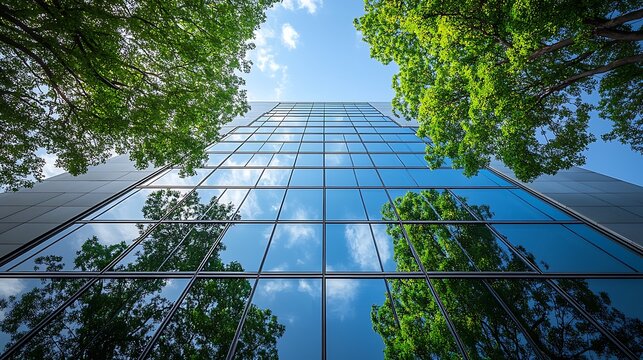 Worm's eye view of a modern glass building reflecting the sky and trees on a sunny day in the city