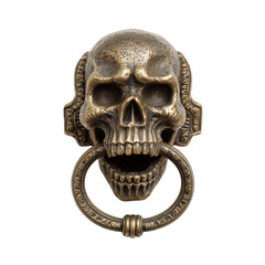 A detailed, vintage brass door knocker, shaped as a skull. The macabre, antique design symbolizes death, mystery, and the gothic style.