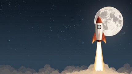 Rocket ship blasting off into the night sky, flying towards a full moon and stars