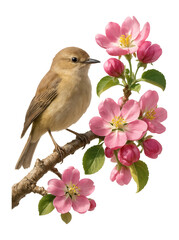 Fototapeta premium Little bird perched on a branch of blossoming apple tree with pink flowers.