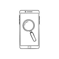 Smartphone with Magnifying Glass, Searching on a Mobile Device, Outline Art