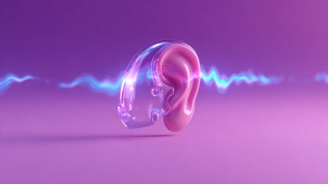 Transparent hearing aid on a pink ear. Modern deaf tech with sound wave. Solution for hearing impairment and deafness.